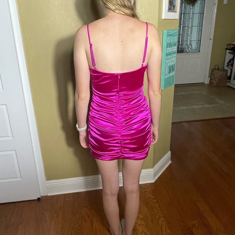 Lucy in the sky Hot Pink Fuschia Cowl Neck satin ruched mini dress - Picture 2 of 7